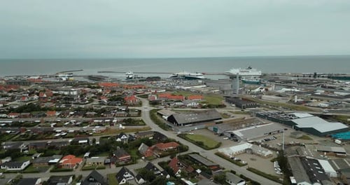 An Overview of the Cityscape in the Danish Town and Harbor of Hirtshals, Denmark, Europe - Drone Fly
