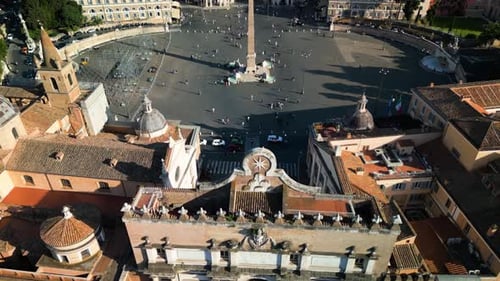 Birds Eye Aerial View of Porta del Popolo, Piazza del Popolo. Rome, Italy