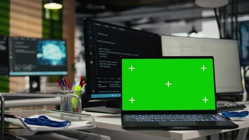 Green Screen Mockup Laptop on Startup Office Desk Showing AI Neural Networks