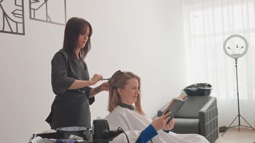 Beauty Salon Scene Stylish Stylist Grooming Client Professional Hairdresser Working in Modern Studio