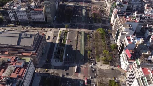 Aerial top-down forward over 9 de Julio Avenue, Buenos Aires. Argentina