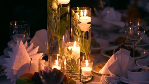 Wedding Banquet Hall Interior Details with Decorated Table Setting at Restaurant Candles and White