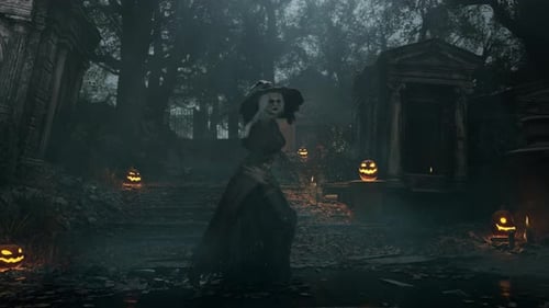 Halloween Night Witch Performs Mystical Dance In Spooky Haunted Cemetery