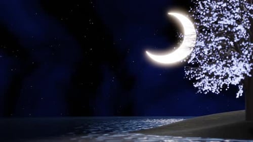 Nuit sereine avec croissant de lune et arbre en fleurs