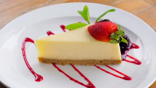 Closeup View of a Homemade Cheesecake Slice with Raspberry Sauce