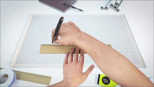 Animated Graph Paper Unrolling with Hands Drawing Technical Lines