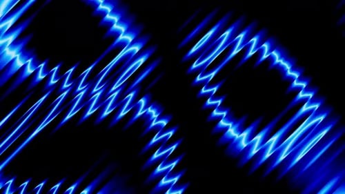 Fraktale Verzerrung gradienter Neonwellen in gewellten Glasstreifen, die glühende Farbflüssigkeit vermischen