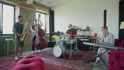 Band Playing Jazz Music in Studio