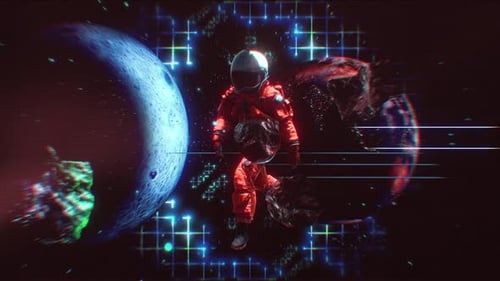 Astronaut Running Through Space with Futuristic Glitch Effect