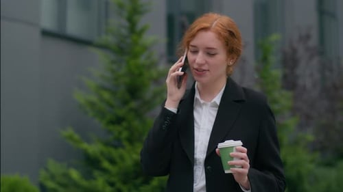 Smiling Young Successful Caucasian Business Woman Girl Female Businesswoman Student Stroll City