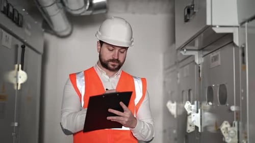 Electrical Engineer Inspects and Takes Notes on an Electrical Control Panel in a Substation