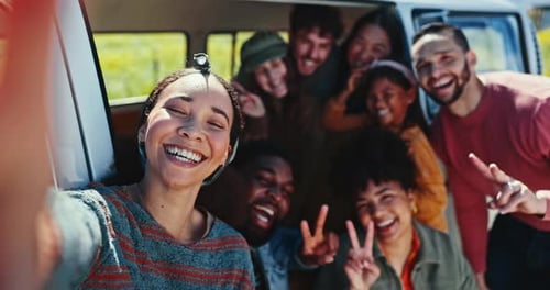 Happy, selfie and face of friends on a road trip with a caravan in nature for outdoor adventure