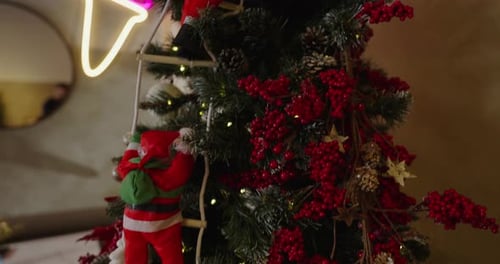 Beautiful Christmas Tree In Cozy Cafe Or Restaurant Closeup Decorations And Design Merry Xmas