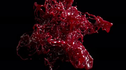 Eine dunkelrote Flüssigkeitsexplosion in 3D-Animation zeigt einen dynamischen Spritzer mit hoher Detailgenauigkeit gegen einen Stark