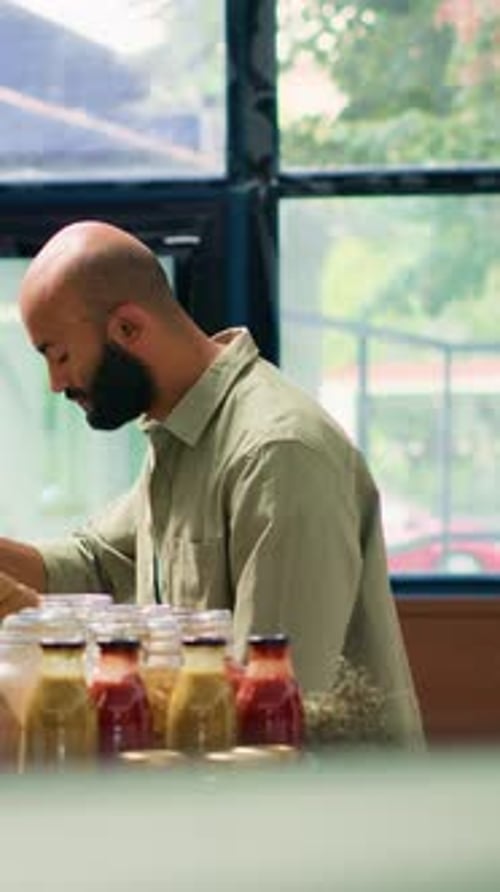 Vídeo vertical: pessoa sorridente que quer comprar especiarias