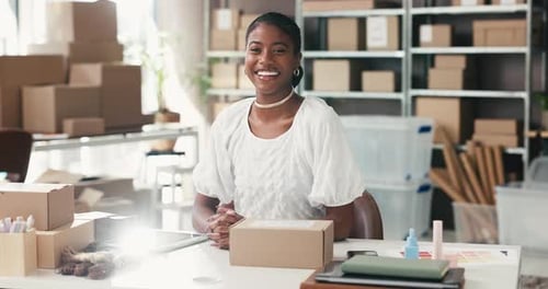 Happy, supply chain and face of black woman in office for logistics, retail supplier and shipping