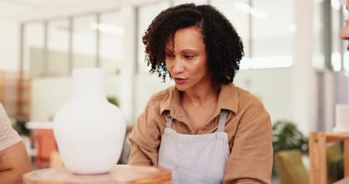 People, instructor and talk for pottery in class for sculpture design, learning technique