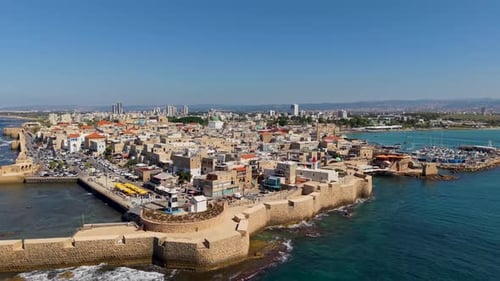 Aerial video over the old city of Acre in northern Israel