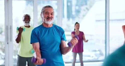 Dumbbell, fitness and class with old man in studio for mobility workout