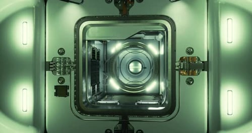 Technisches Interieur eines modernen Geräts, das mit hellen Lichtern beleuchtet wird