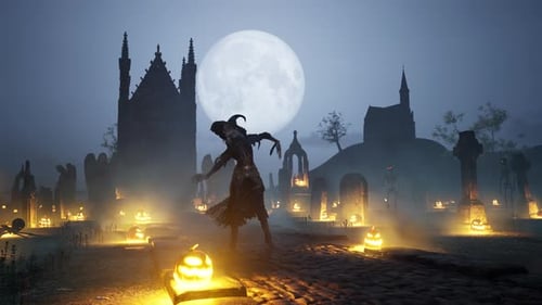 Animated Halloween Graveyard with Dancing Witch and Jack-o'-Lanterns