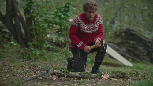 Man Splitting Mossy Log with Axe in Woodland Camp