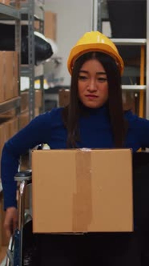Vertical Video Asian Woman in Wheelchair Carrying Cardboard Boxes