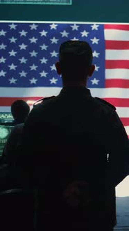 Vertical Video US Military Man Supervising Threat Detection Activity in High Tech Office