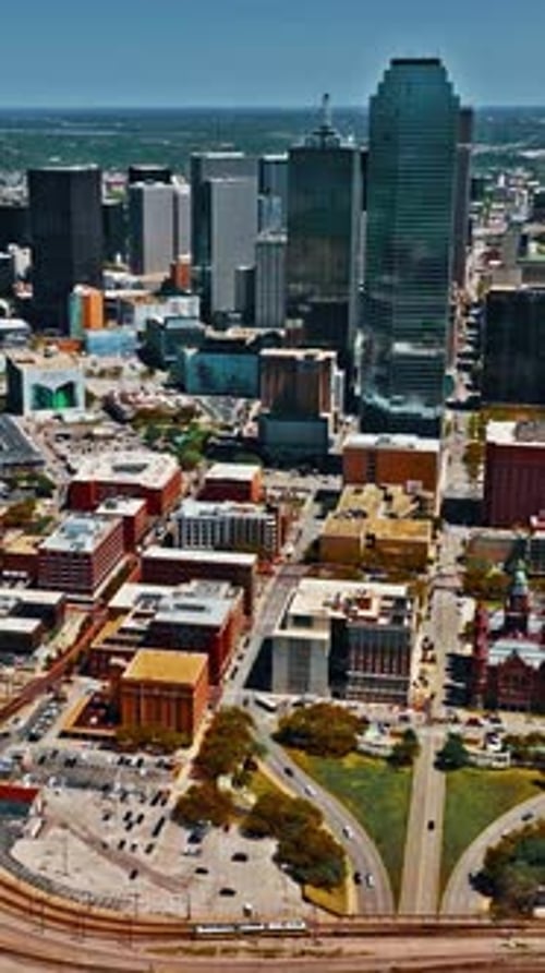 Aerial view of downtown Dallas showcasing urban landscape and architecture