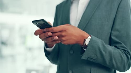 Business, man and hands with phone in office for typing text message, email response