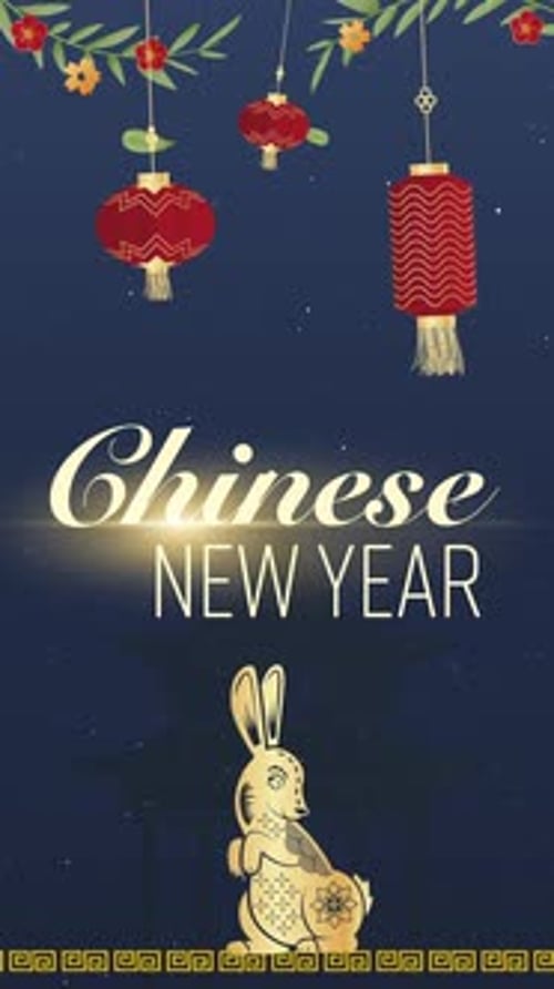 Chinese New Year Celebration with Decorative Lanterns and Rabbit