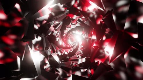 Spiralförmiger roter geometrischer Strudel mit glänzenden Highlights, 3D-Renderer. Reise durch die Zeit Vortex VJ Loop