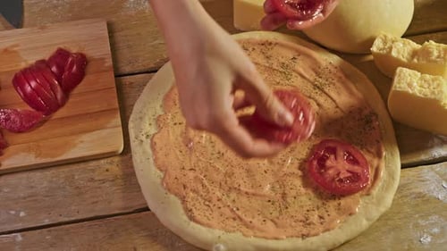 Restaurant Serves Classic Italian Pizza Made with Tomatoes Cheese and Sauce Cook Carefully Arranges