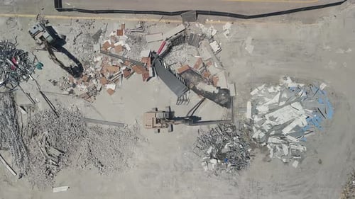 Top Down Aerial Shot of Destroyed Site Equipment That Destroys Buildings Demolition of the Building