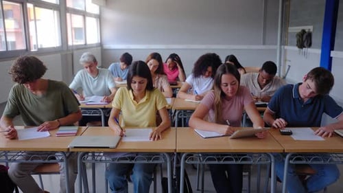 Front View of a Group of Multiracial Students Working Together in a Classroom