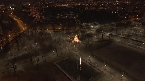 Fireworks Exploding Over City Park at Night