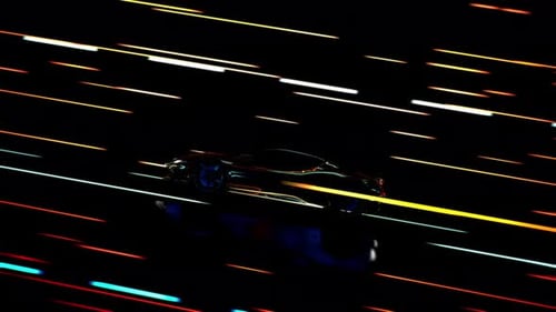 Speeding Sports Car On Neon. Powerful Acceleration Of A Supercar On Night Track