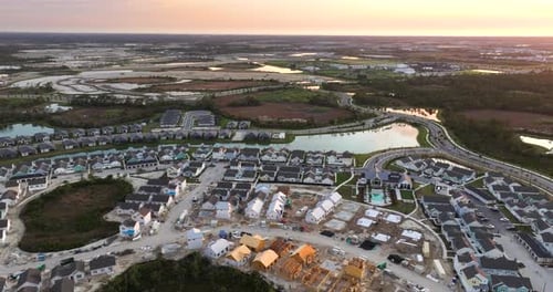 Aerial View of New Housing Development at Sunset