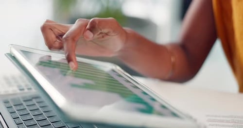 Hands, person and graphs on tablet in office with data analysis, finance stats and startup growth
