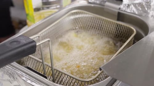 Chef removing basket of french fries from deep fryer