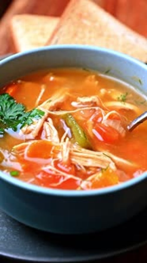 Chicken vegetable soup with toast and herbs on plate.