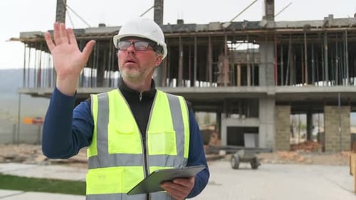 Close-up, engineer manager using tablet, measuring a building by gesturing with their hands