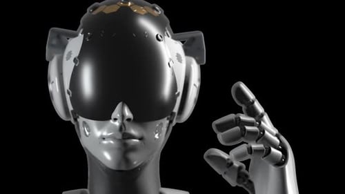 portrait of a female robot making a gesture of caution. has an alpha channel