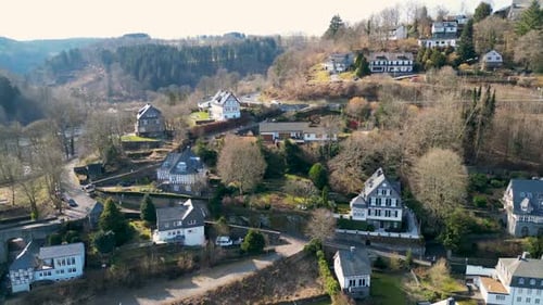 Aerial view of Monschau Castle with tower, Germany.