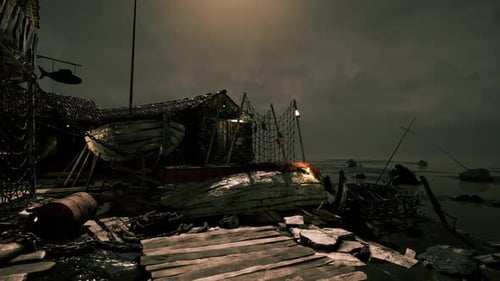 Nighttime View of a Coastal Fishing Village with Boats and Ominous Skies