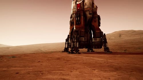 Martian Base During a Sunset with a Landing Spacecraft on the Surface
