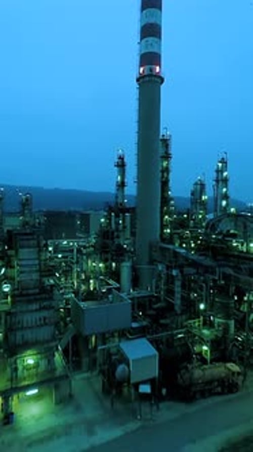 The Industrial Night View of a Chemical Processing Plant Highlights Its Structure and Function