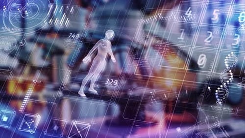 Modelo giratorio del cuerpo humano en 3D con análisis de datos y números