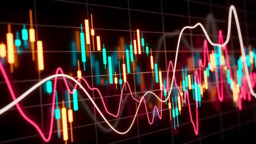 Colorful 3D candlestick chart loop with white and red waves