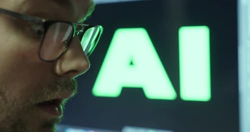 Close-up of a man looking both amazed and scared, with a large AI display glowing behind him